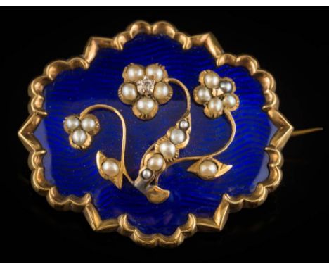 A 19th century blue enamelled, seed pearl and diamond mourning brooch: of floral motif design, the reverse with glazed compar