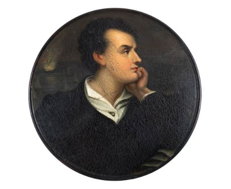 A private collection of papier mache snuff boxes.A 19th century papier mache snuff box: the lid decorated with a portrait of 