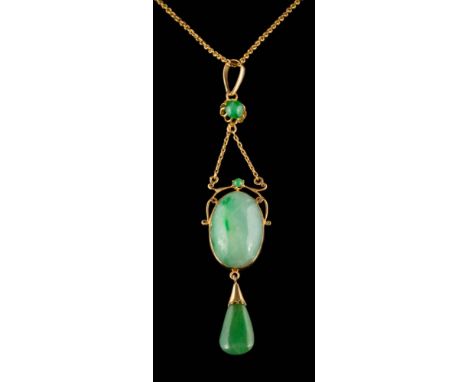 A jade four-stone pendant: with principal central, oval jade approximately  24mm long x 15mm wide x 6.8mm deep, suspending a 
