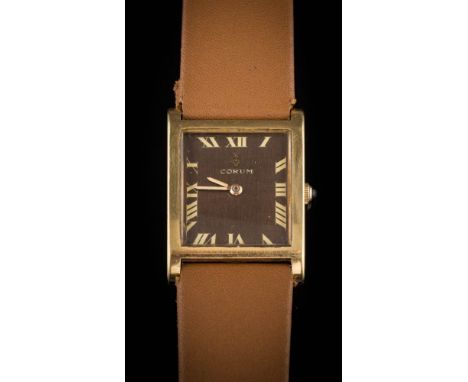 Corum. A gentleman's 18ct gold manual wind wristwatch: the rectangular brown, satin finish dial with Roman numerals, the case