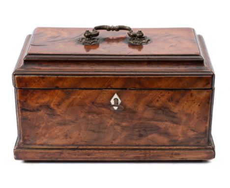 A George III mahogany tea caddy: with pagoda top, brass scroll handle and divided interior, 27 cm wide.