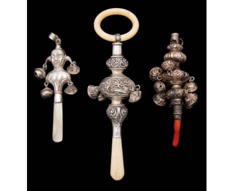 An Edward VII silver rattle, maker Crisford &amp; Norris Ltd, Birmingham, 1904: of traditional design with bells and ivory te