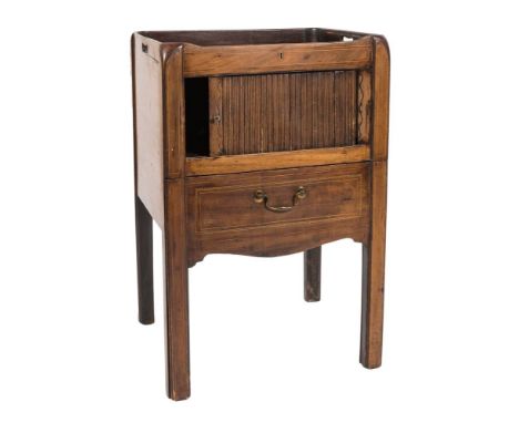 A Georgian mahogany and inlaid square tray top commode:, bordered with boxwood and chequer feather strung lines, the top with