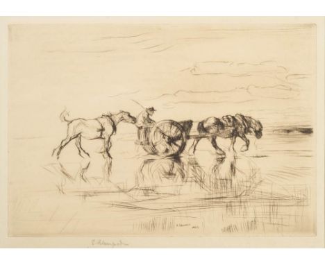 * Edmund Blampied [1886-1966]- Ponies and a trap on a beach, 1925:- etching, signed in pencil in the margin sight size 19.5 x