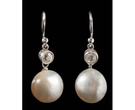 A pair of pearl and diamond two-stone drop earrings: together with a certificate from GCS stating the pearls are 'natural sal