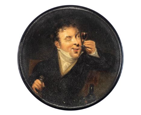 A 19th century papier mache snuff box: the circular lid decorated with a portrait of 'The Bee's Wing', 10cm diameter. 