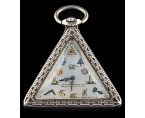 An early 20th century silver triangular Masonic pocket watch: the mother-of-pearl dial with 'Love your fellow man lend him a 