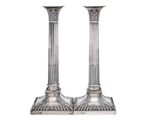 A pair of Victorian silver Corinthian candlesticks, maker Streeter &amp; Co Ltd, London, 1899: with acanthus decorated capita