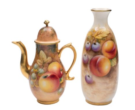 A Royal Worcester fruit painted vase and a similar miniature coffee pot and cover: painted with peaches, apples, grapes and c