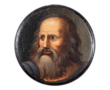 A 19th century papier mache snuff box: the circular lid decorated with a portrait of a bearded gentleman in grey robes, 8.5cm