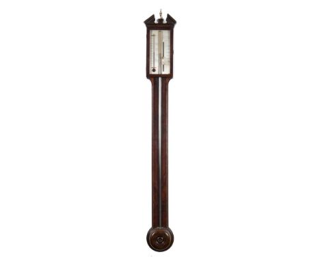 Carascia, a Georgian stick barometer: the silvered dial engraved with typical barometer scales, the maker's name Carascia, Wa