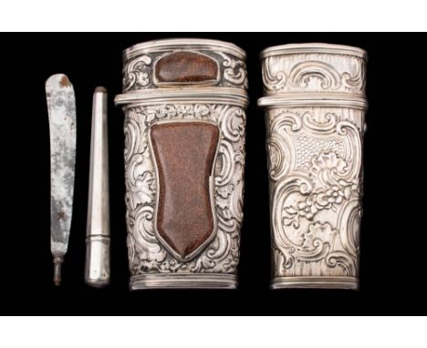 A 19th century silver and enamel necessaire, unmarked: most accessories missing, 9cm. tall; together with another unmarked si