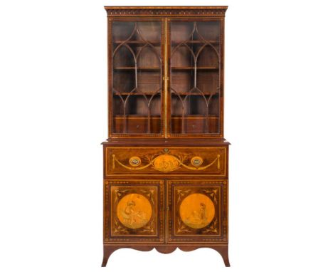 A 19th Century mahogany satinwood banded, inlaid and marquetry secretaire bookcase:, bordered with boxwood and ebony lines an