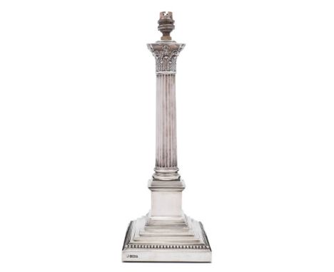 A George V silver Corinthian column table lamp, maker Elkington &amp; Co, London, 1912: with acanthus decorated capital, flut