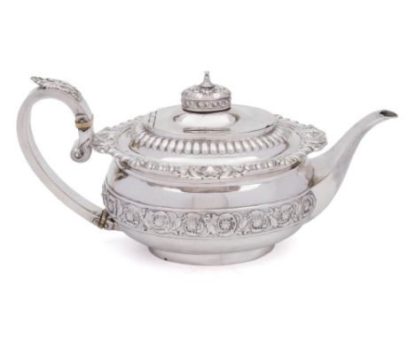 A George III silver teapot, maker Samuel Hennell &amp; John Terry, London, 1814: of oval outline, with gadrooned and scroll d