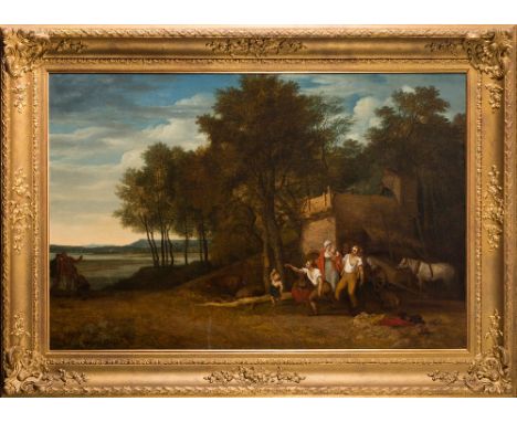 John White Abbott [1763-1851] - Lime kiln near Topsham on The Exe, figures and a game of quoits in the foreground,:-oil on ca