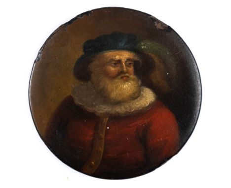 A 19th  century papier mache snuff box: the circular lid decorated with a portrait of a gentleman wearing a feathered hat and