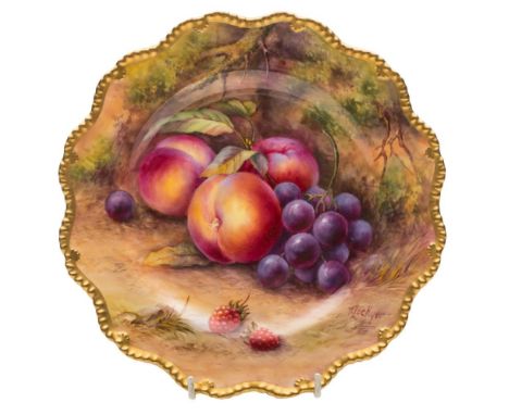 A Royal Worcester fruit painted porcelain plate by Lockyer: with shaped and gadrooned gilt rim, painted by Thomas Lockyer wit