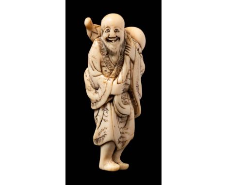 A Japanese carved ivory netsuke: depicting Chockaro Senin dressed in traditional robes decorated with clouds and holding a go