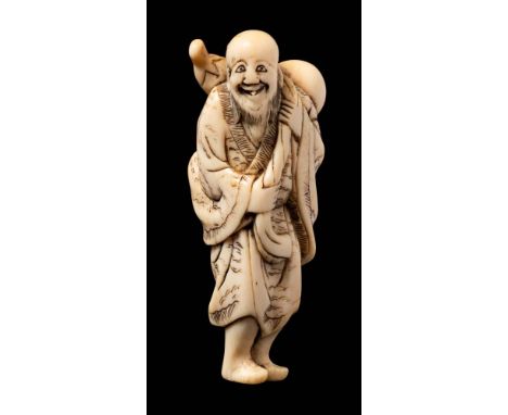 A Japanese carved ivory netsuke: depicting Chockaro Senin dressed in traditional robes decorated with clouds and holding a go