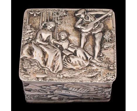 A 19th Century Dutch silver box, stamped marks: of square outline, the hinged lid depicting figures in a pastoral scene, deco