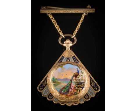 An early 20th century lady's fan shaped enamel fob watch: the circular dial with Roman numerals, stamped '18K' the enamelled 