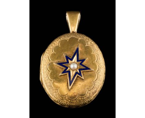 A 19th century enamelled oval locket: with central split-pearl-set star motif, approximately 21gms gross weight. 