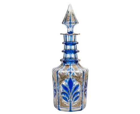 A 19th century Bohemian Persian market blue flashed and clear glass decanter and spire stopper: of octagonal form with triple