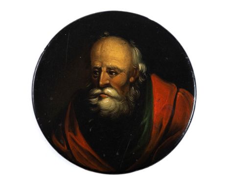 A 19th  century papier mache snuff box: the circular lid decorated with a portrait of a bearded gentleman in green and red ro