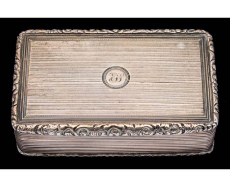 A Victorian silver snuff box, maker Edward Edwards II, London 1840: initialled, of rectangular outline with foliate boarder a