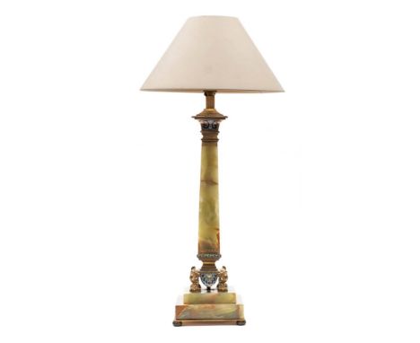 A late 19th  century onyx, ormolu and champleve table lamp: with enamelled square capital on a square tapering column raised 