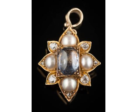 A cabochon sapphire, split pearl and diamond floral cluster pendant: the central cabochon sapphire approximately 9.5mm long x