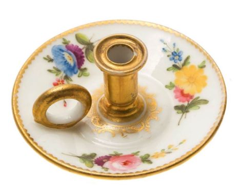 A Swansea miniature taperstick: with gilt ring handle and cylindrical nozzle, painted with three floral sprays within a gilt 