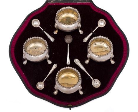 A set of four Edward VII silver salts, maker Mappin &amp; Webb, London, 1902: of circular form with gadrooned borders and rai