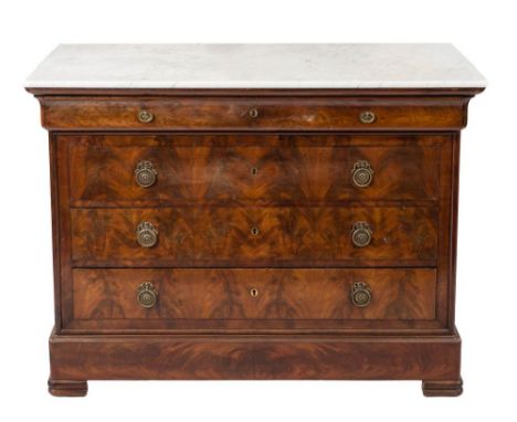 A 19th Century French mahogany rectangular commode:, with a white variegated marble top, fitted with a cushion frieze drawer 