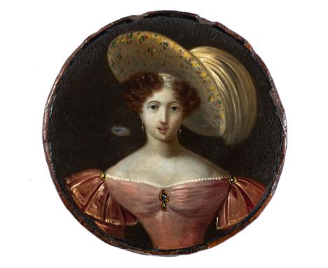 A 19th century papier mache snuff box: the circular lid decorated with a portrait of a young lady in eighteenth century costu