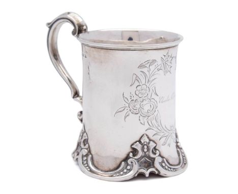 A Victorian silver christening mug, maker Henry Wilkinson &amp; Co, Sheffield, 1852: inscribed, of cylindrical form, with ree