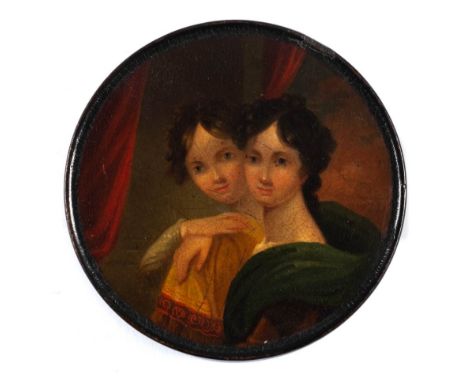 A 19th century papier mache snuff box: the circular lid decorated with a portrait of two young Regency women, 9.5cm diameter.