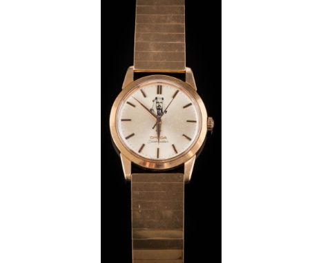 Omega.  A gentleman's 18ct gold 'Omega Seamaster' wristwatch: circa 1963 with applied portrait of Sheikh Issa AL-Khalifa of B