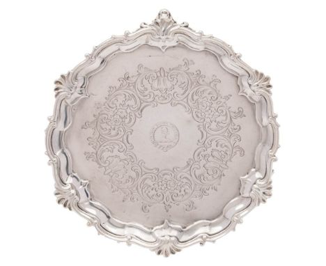 A Victorian silver waiter, maker Edward, Edward Jnr, John &amp; William Barnard, London, 1846: crested, with foliate engraved