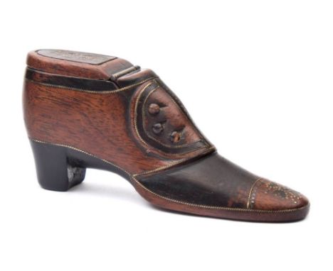 A 19th century treen miniature shoe snuff box: decorated in pique work and dated 1869, 10 cm.