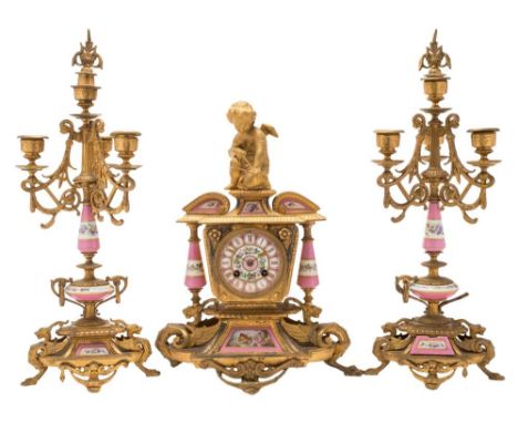 Japy Frères, Paris, a French pink porcelain clock garniture: the eight-day duration movement striking the hours and half-hour