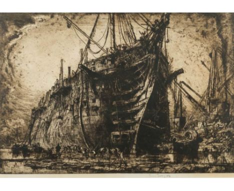 Frank Brangwyn [1867-1936]-The Last of HMS Britannia, (Les Restes de HMS Britannia),:-etching in an edition of 125signed in p