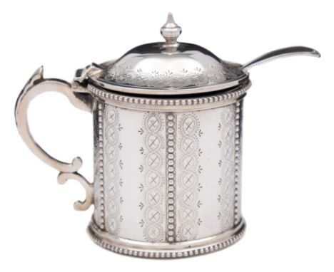 A Victorian silver mustard pot and cover, maker Joseph &amp; Edward Bradbury, London, 1868: of cylindrical outline with shall