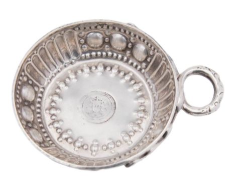 A George V silver wine tasting cup, maker D &amp; J Wellby Ltd, London, 1923: of circular outline with loop handle and emboss