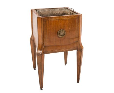 A 19th Century Dutch satinwood, banded and inlaid square jardiniere:, with metal liner, having canted angles, oval shell meda