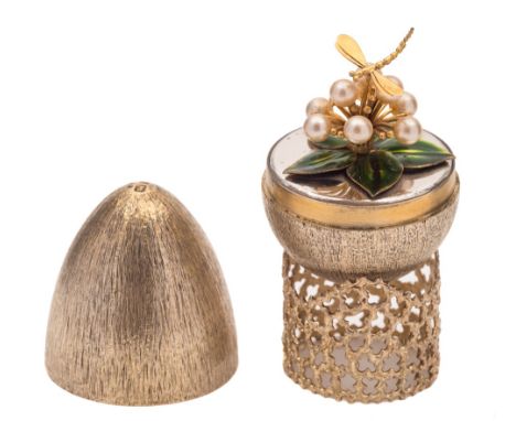 *Stuart Devlin silver gilt novelty egg, London, 1985: the lift off top enclosing a dragonfly above a pearl set enamel flower,