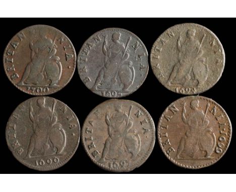 William &amp; Mary and William III, six assorted copper farthings: various dates 1694, 1695, 1696, 1697, 1699, 1700, (6).