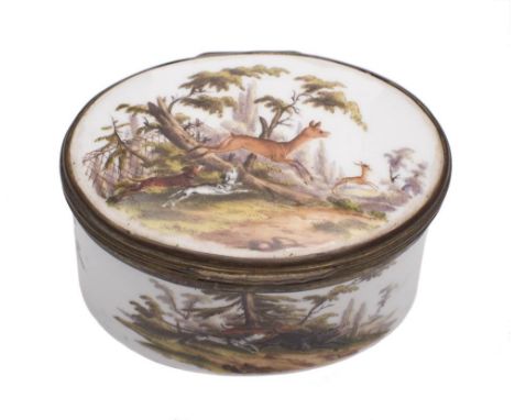 A German porcelain 'jagd' snuff box, probably Meissen: the exterior painted with hunting vignettes, the lid  interior with a 