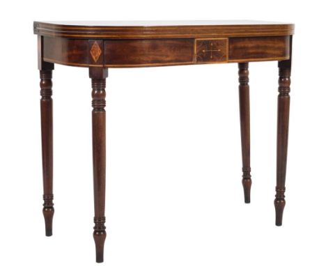 An early 19th Century mahogany and inlaid tea table of D-shaped outline:, bordered with boxwood lines, having a hinged top, t